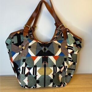 Cynthia Vincent Geometric Patterned XL Tote Bag with Brown leather Straps